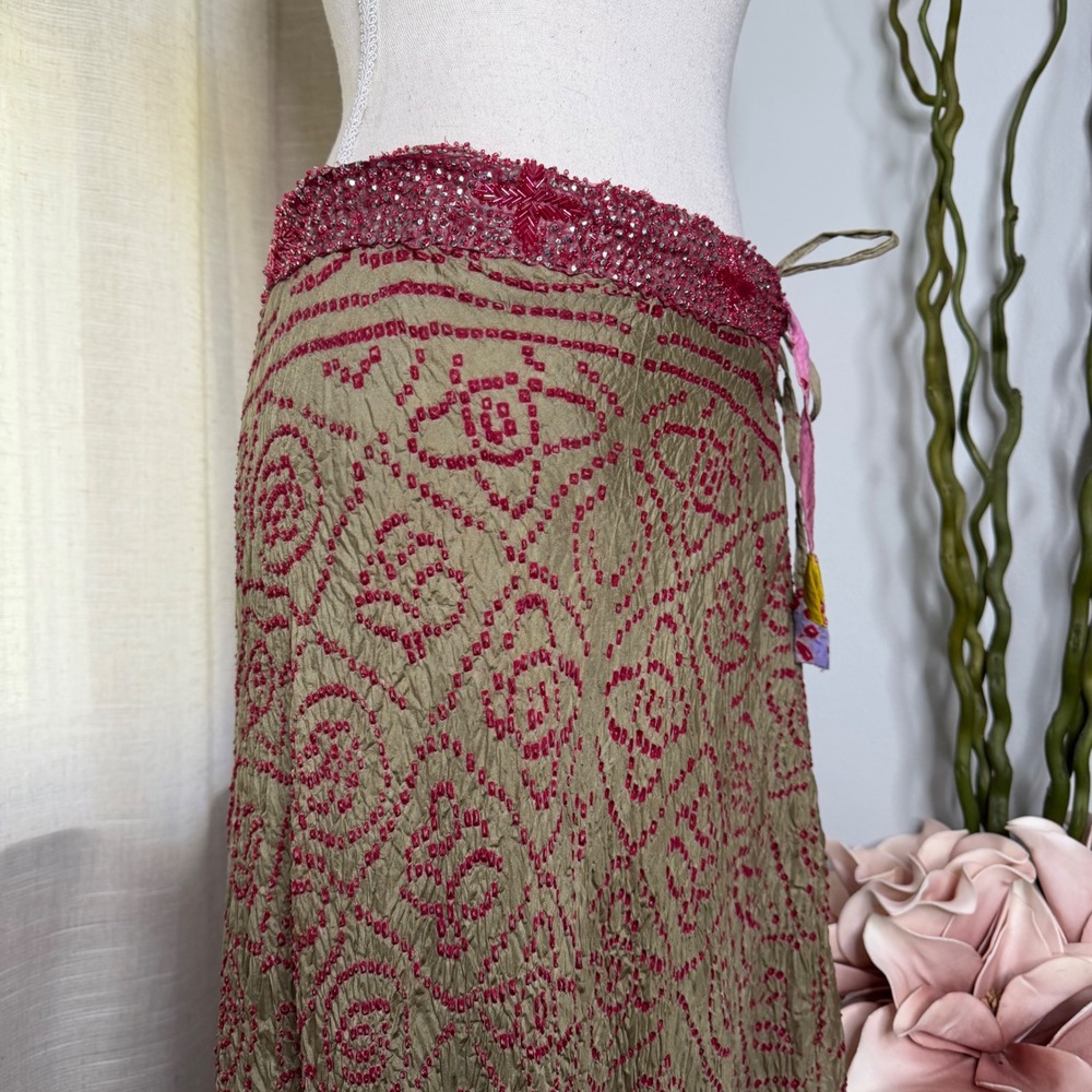 Vintage Funky People Maxi Skirt Silk Bandhani Crinkle Beaded Sequin Size Medium - Picture 3 of 12